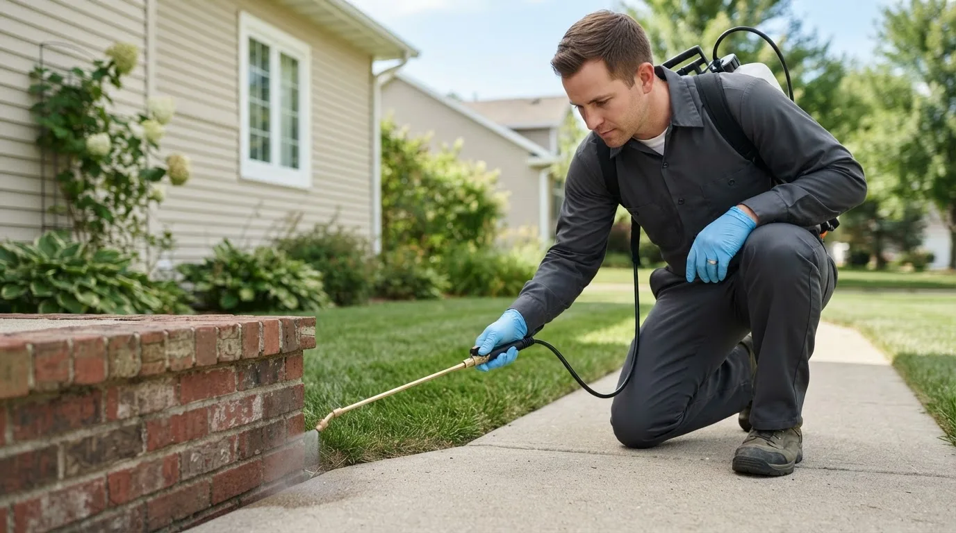 Pest control technician treating a home near Bowlegs, OK