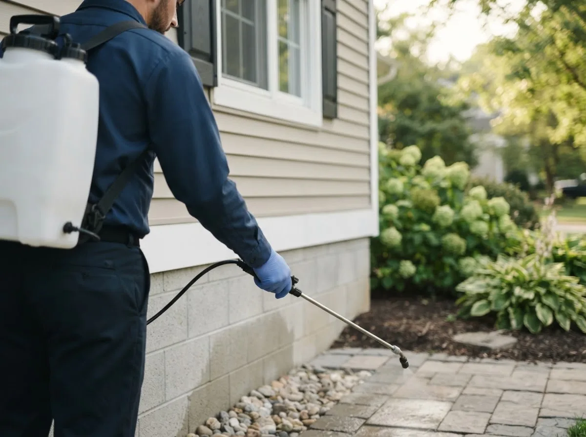Pest control technician inspecting a home in Bowlegs, OK